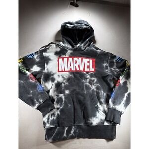 Marvel Hoodie Men S/Pullon/Black White Tie Die/Logo on Front/Character on Sleeve